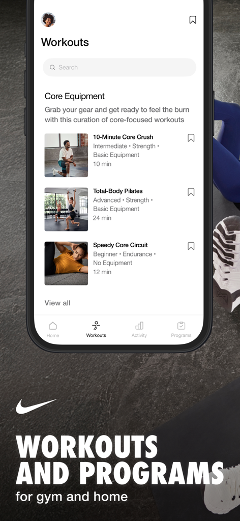 Nike Training Club app interface showing a variety of core and pilates workouts for home and gym