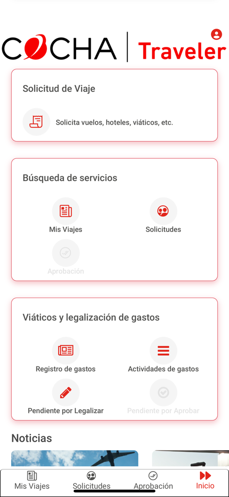 Haupt-Dashboard der Cocha Corp App für Geschäftsreisen mit Bereichen für Reiseanfragen und Spesenverfolgung.