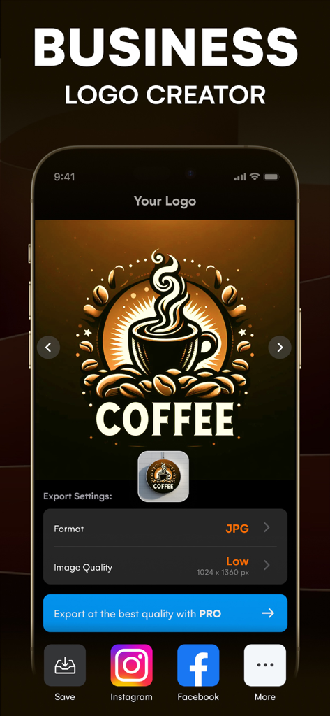 Uma tela de aplicativo criador de logotipos comerciais mostrando um logotipo de marca de café com configurações de qualidade de exportação.