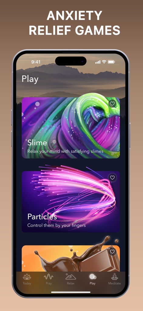 BlessedPath mobile app screen displaying anxiety relief games including slime and particles