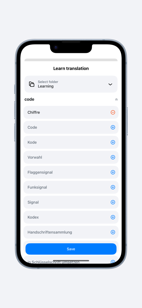 Multitran app screen showing translation results for the word code and a save button