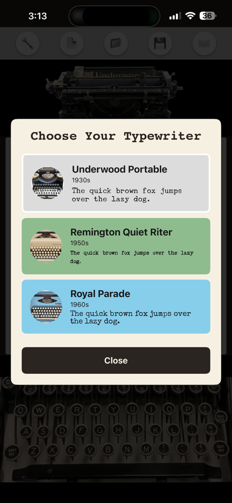 Vintage Notes - A selection menu in the Vintage Notes app allowing users to choose between Underwood Portable Remington Quiet Riter and Royal Parade typewriter styles.
