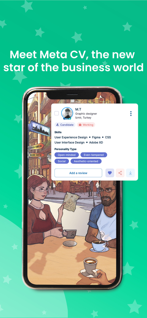 Lazy Guru: Career & Fun - A smartphone screen displaying a Meta CV profile card within the Lazy Guru visual novel career app.