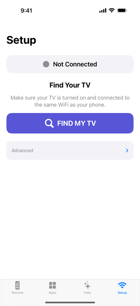 EasyTV - Samsung Remote - EasyTVアプリのセットアップ画面。大きな「テレビを探す」ボタンが表示されています。