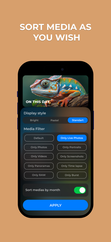 A smartphone screen showing the Swipe Photo Cleaner app with media filter settings like Live Photos Portraits and Screenshots and a sort by month toggle.