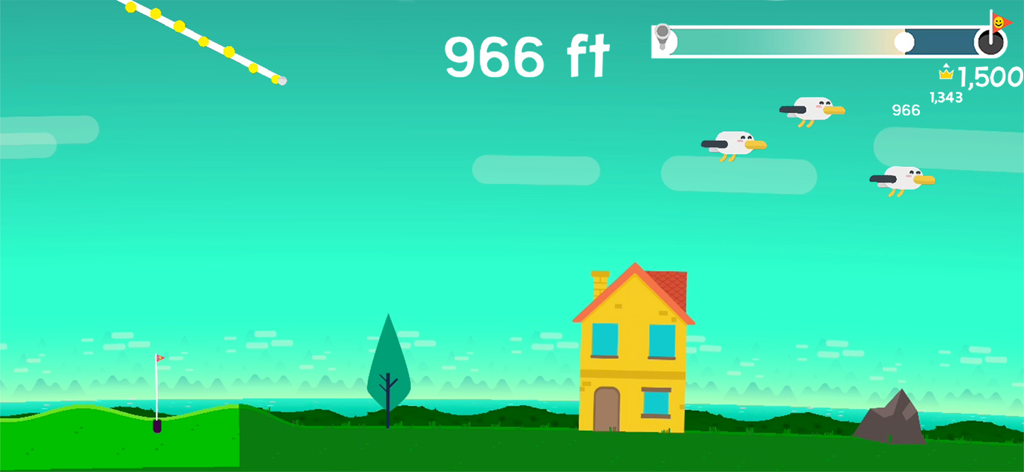 Una palla da golf che vola alta nel cielo sopra una casa con un indicatore di distanza che mostra 966 piedi nel gioco Golf Orbit.