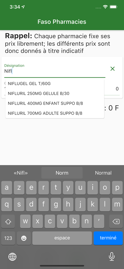 Mobile screen of Faso Sante app for searching medication prices in Burkina Faso