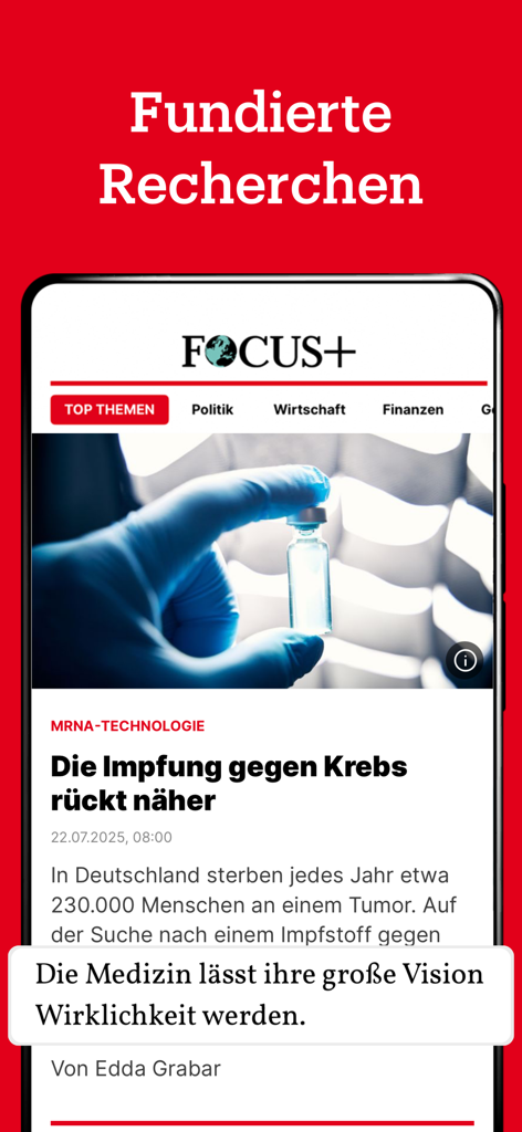 La aplicación FOCUS Plus que muestra un artículo científico en profundidad sobre la investigación de vacunas contra el cáncer de ARNm.