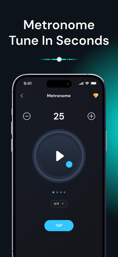 Interfaz de la función de metrónomo de la aplicación IGuitar que muestra ajustes de BPM y controles de reproducción