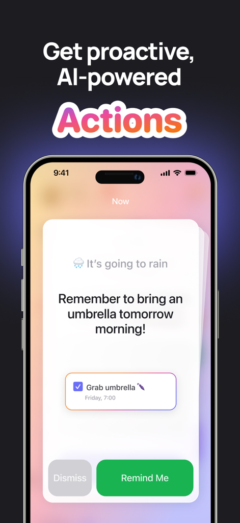 Smartphone screen showing a Hero Assistant proactive AI notification reminding the user to bring an umbrella for tomorrow's rain