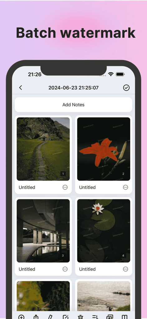 WatermarkX - Markup photos app - Pantalla de la aplicación WatermarkX mostrando múltiples fotos con marcas de agua por lotes aplicadas para la protección de la propiedad intelectual.