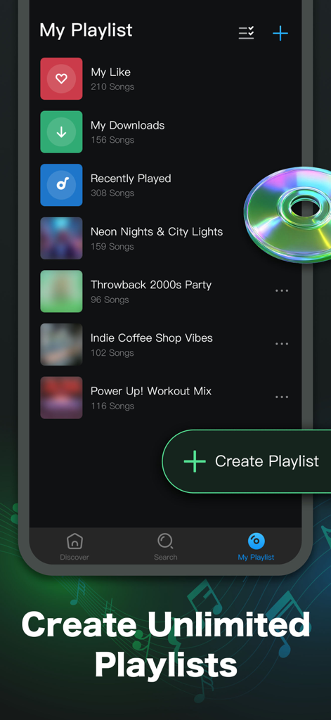 Interfaz de la aplicación Music X que muestra la pantalla Mis listas de reproducción con una lista de categorías de música y un botón para crear listas de reproducción ilimitadas