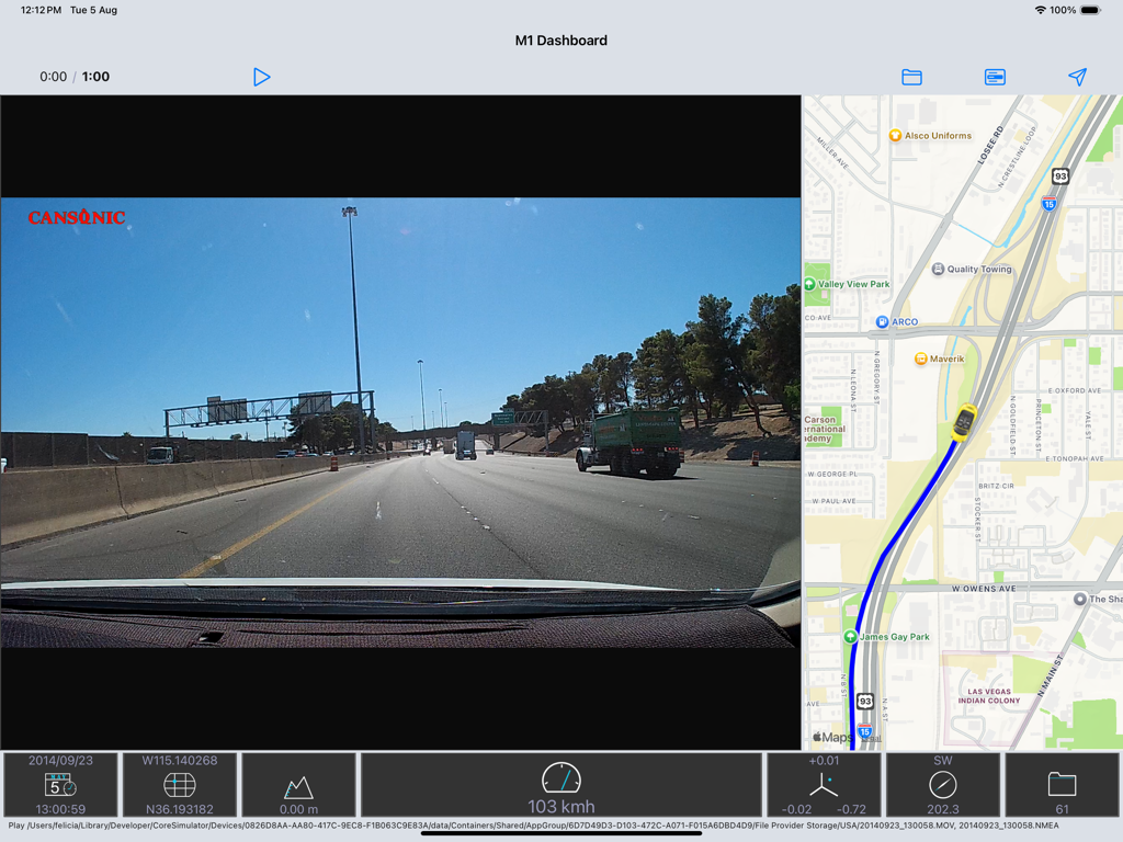 M1 Dashboard - M1 Dashboard app interface on iPad showing synchronized dashcam video with GPS map and driving data