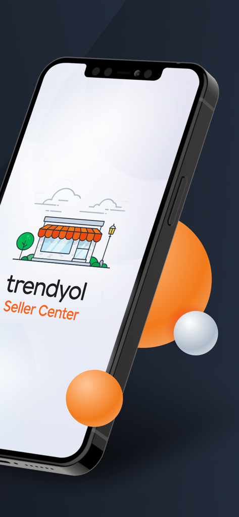 Teléfono inteligente mostrando el logotipo de la aplicación Centro de Vendedores Trendyol y una ilustración de tienda