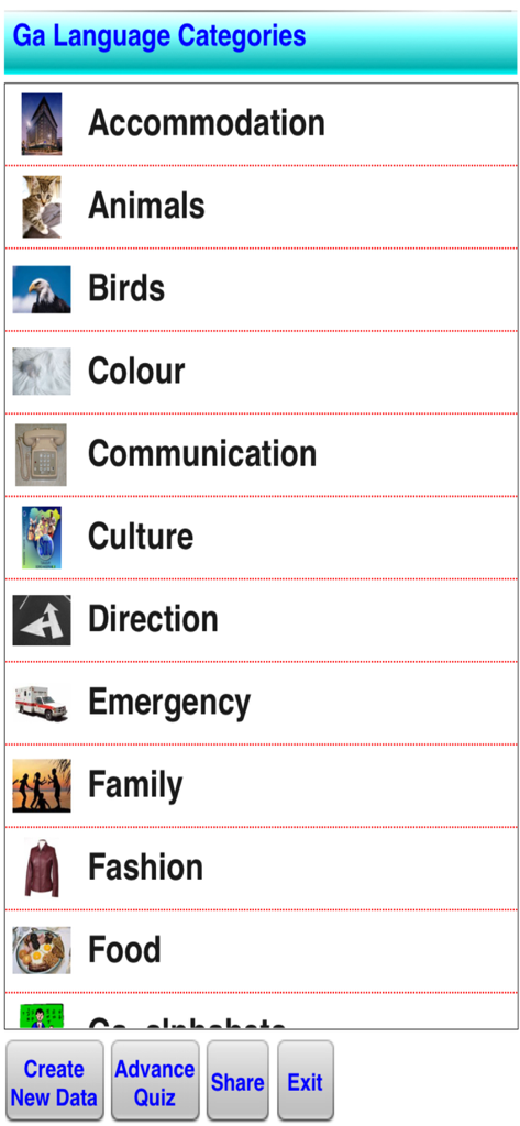 Speak and Write Ga Language - Screen showing vocabulary categories for learning the Ga language including animals and culture