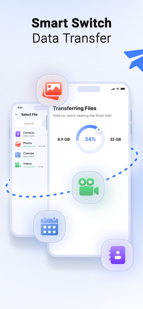 Smart Switch my Phone - Interface da aplicação Smart Switch my Phone mostrando o progresso da transferência de fotos, vídeos, contactos e ficheiros de calendário entre dispositivos