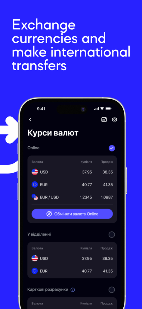 Sense SuperApp: online bank UA - Sense SuperApp-Oberfläche, die Wechselkurse für USD und EUR anzeigt
