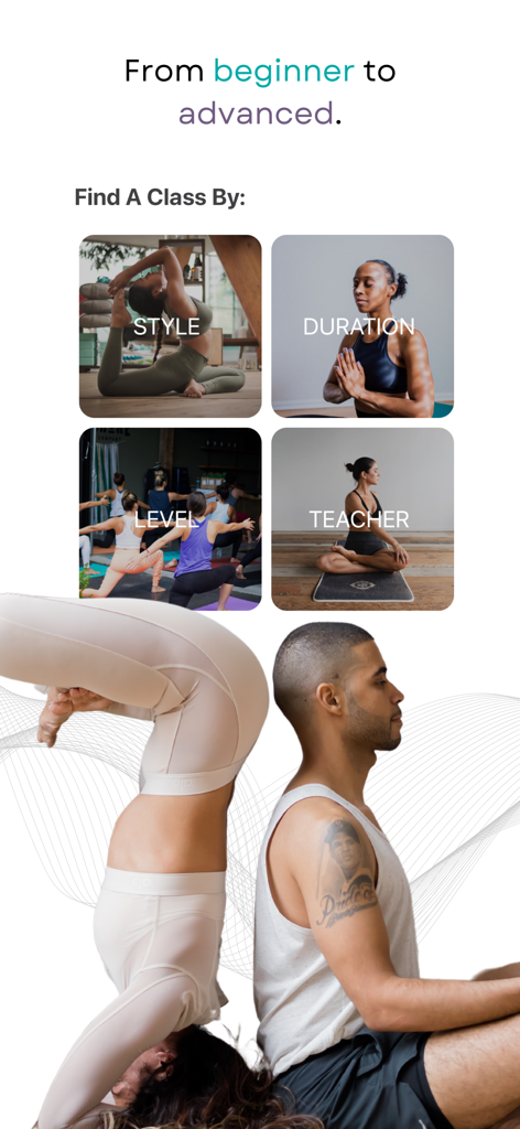 YogaRenew | Yoga At Home - A screen in the YogaRenew app showing categories to find a class by style duration level and teacher