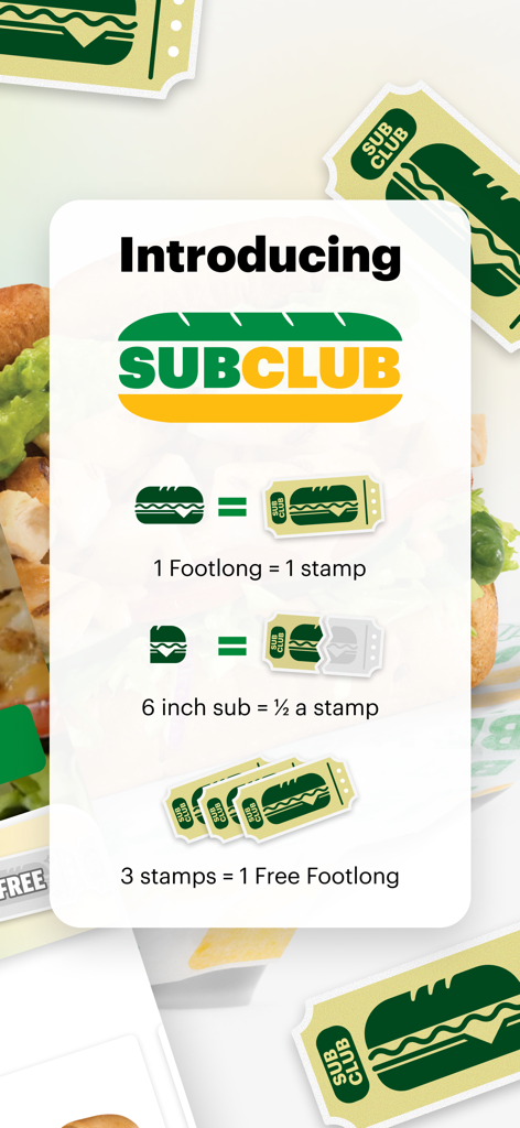 Subway® - Graphic showing Subway Sub Club reward system where three stamps earn one free footlong