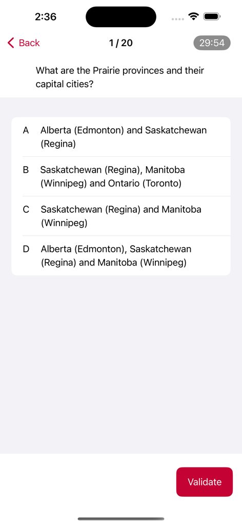 Canada Quiz. - カナダの州に関する多肢選択問題がカナダクイズモバイルアプリに表示されています。