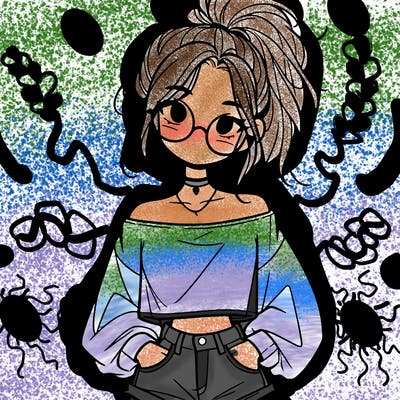 girl with a messy ponytail glasses a baggy crop top and jean shorts