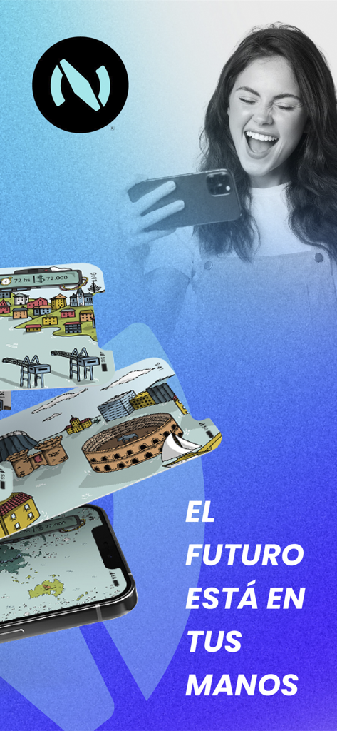 Nawaiam - Una mujer sonriente sosteniendo un smartphone con el logo de Nawaiam y pantallas de evaluación basadas en juegos que muestran el eslogan 'El futuro está en tus manos'.