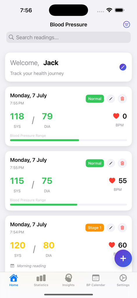 Daily Blood Pressure Log - 毎日の血圧記録アプリのホーム画面。血圧と脈拍の測定値の履歴が表示されています。