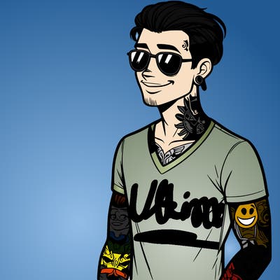 guy with many tattoos and a t shirt and a pair of sunglasses and a beautiful smile and straight hair with lowered tuft