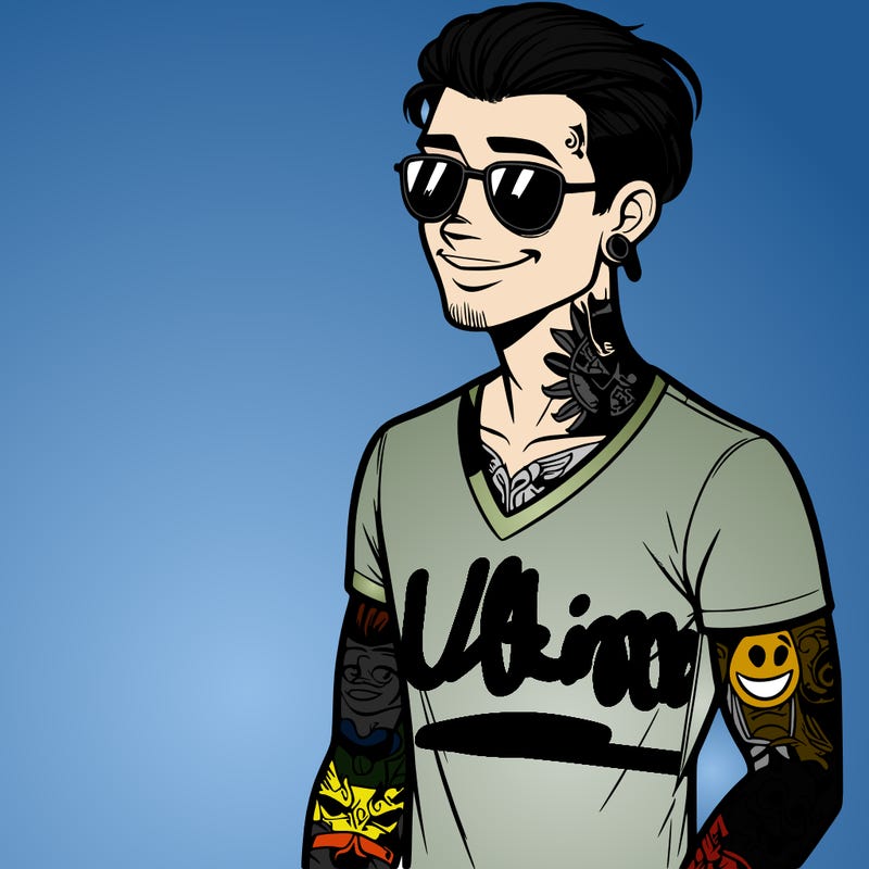 guy with many tattoos and a t shirt and a pair of sunglasses and a beautiful smile and straight hair with lowered tuft