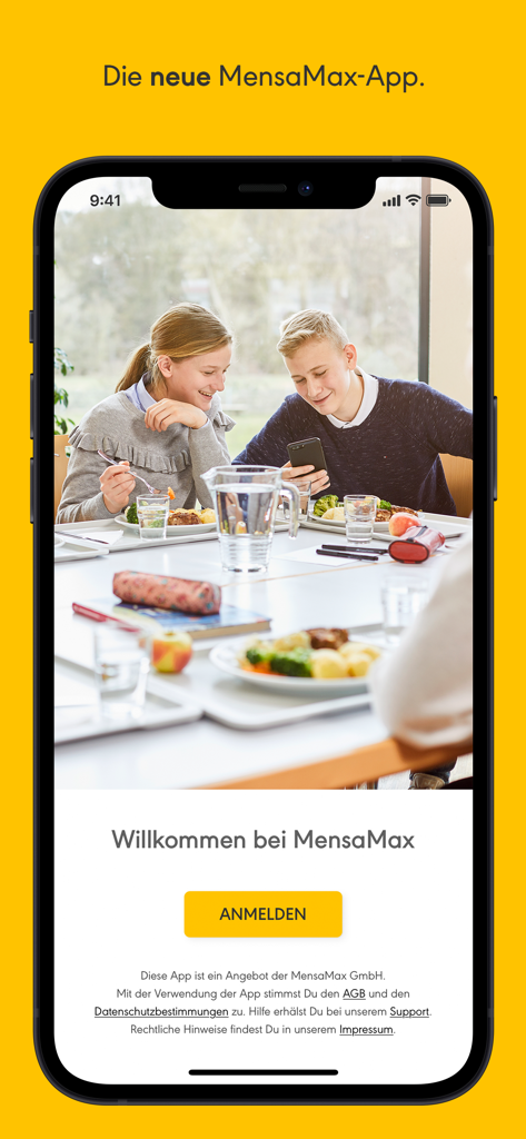 Startbildschirm der MensaMax Schulverpflegungs-App mit Anmeldebutton und Schülern, die in einer Cafeteria essen