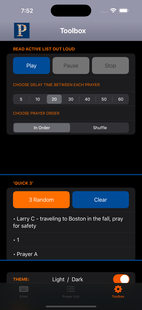 PrayerPoint: Prayer List - PrayerPoint app toolbox screen featuring audio playback controls and prayer list settings