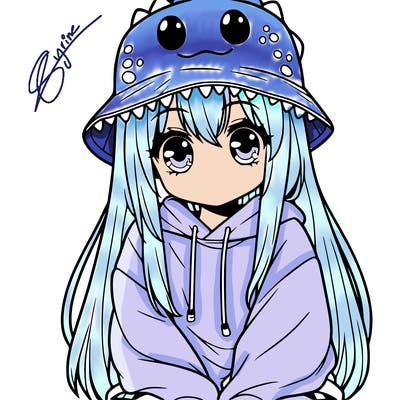 girl with anime shaped eyes with a dinosaur bucket hat oversized sweatshirt long straight hair