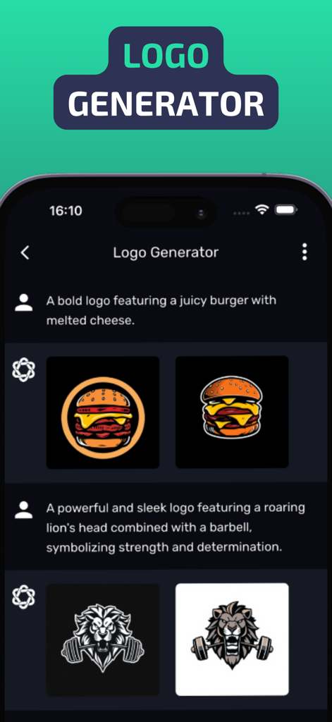 A interface do Gerador de Logos do aplicativo Evo AI mostrando logos gerados para um hambúrguer e um leão com base em prompts de texto.