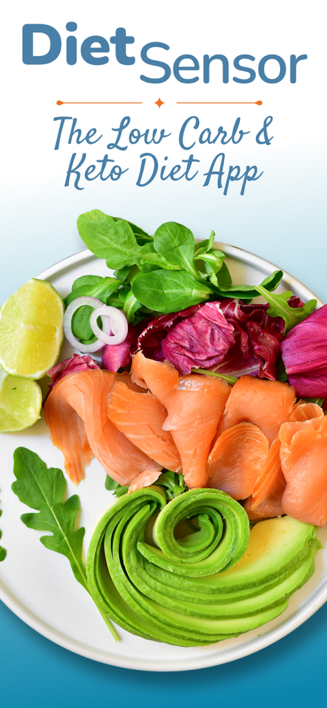 Healthy keto meal with smoked salmon and sliced avocado on the DietSensor app intro screen