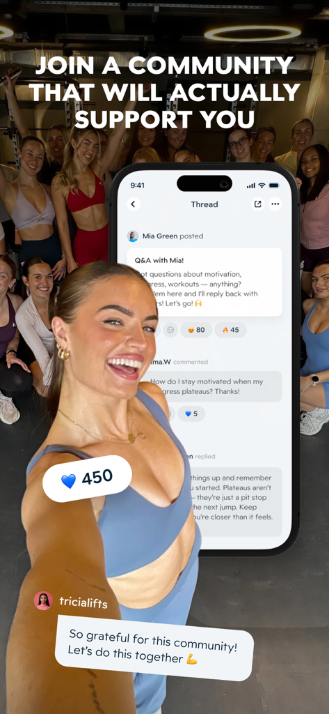 EvolveYou: Strength For Women - EvolveYou app screenshot showing the in-app community forum and a group of women in a gym