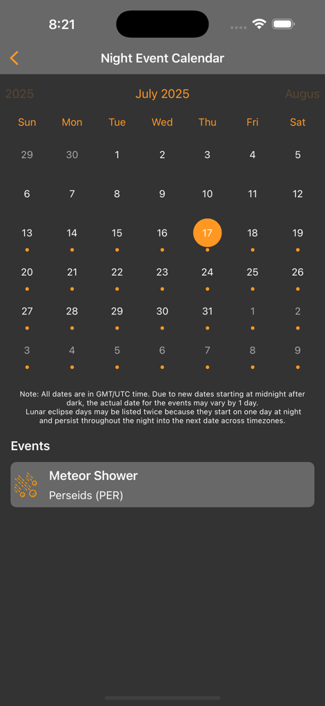 Light Pollution Map - Dark Sky - A mobile screen showing a night event calendar with a Perseids meteor shower notification.
