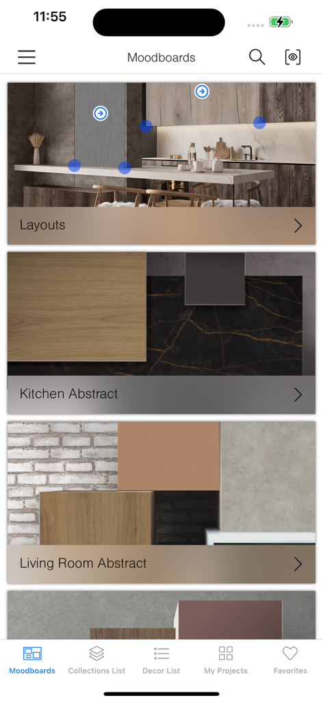 Kronodesign - Kronodesignアプリのインターフェース。キッチンとリビングルームのインテリアデザインムードボードのカテゴリが表示されています。