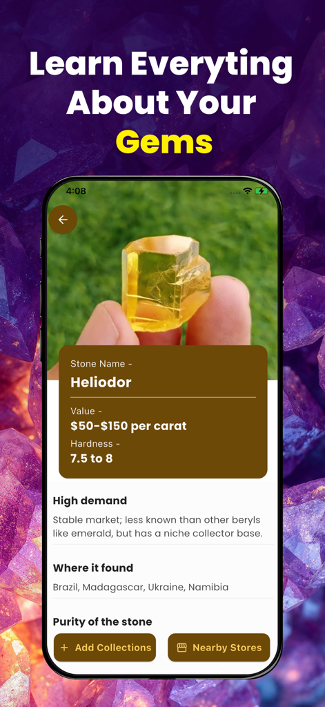 Rock Identifier: Stone Checker - A smartphone screen displaying detailed information about a Heliodor stone, including its market value, hardness, and geographic origin.