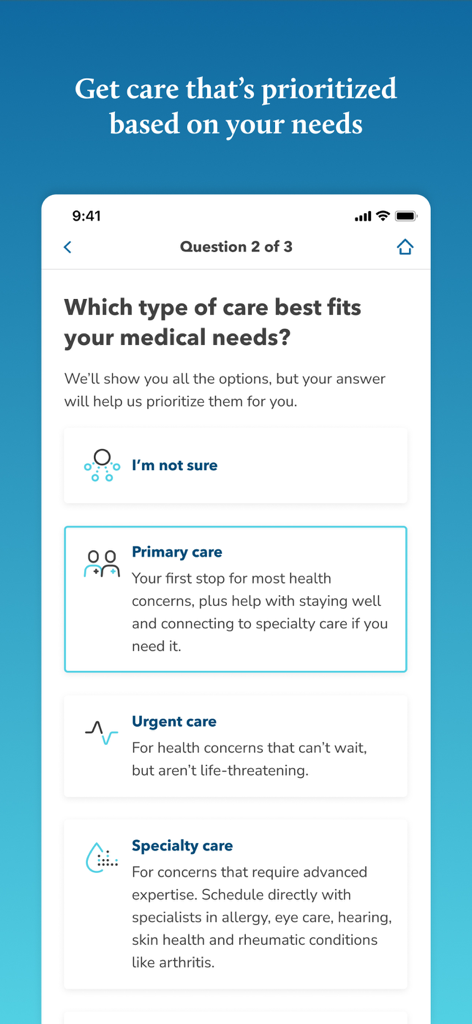Allina Health - A mobile screen from the Allina Health app showing options to choose between primary urgent and specialty care based on medical needs