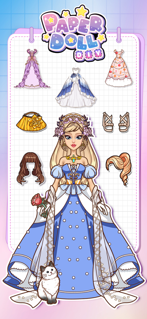 DIY Paper Doll Dress Up - A digital paper doll character surrounded by various princess dresses, hairstyles, and accessories on a grid paper background.