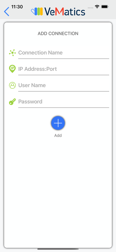 VeMatics CP500 Maintenance app add connection screen with fields for IP address port and user credentials
