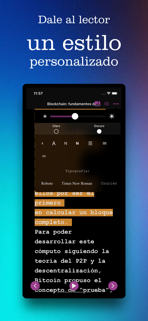 Lector eLibro - Interface of Lector eLibro app showing reader customization options including dark mode and font styles