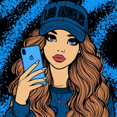 realistic beautiful girl wearing los ángeles cap holding an iphone