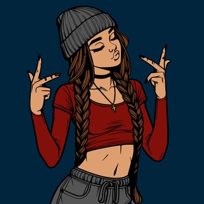 realistic teenage girl with braids and a beanie and crop top doing 🫶🏼
