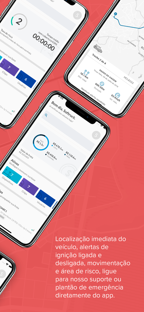 Localiza Rastreamento - Pantallas de la aplicación móvil Localiza Rastreamento que muestran el panel de ubicación del vehículo y las funciones de rastreo de flotas
