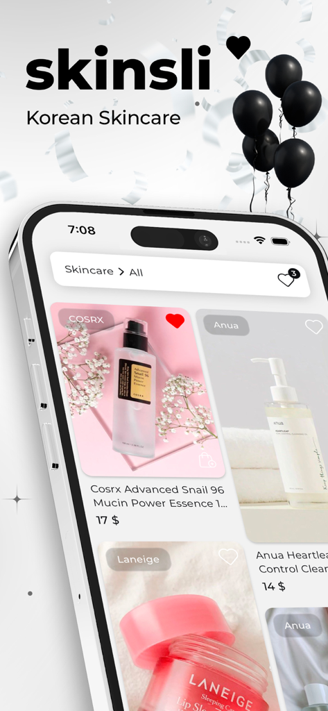 Skinsli: Korean Skincare - A mobile phone screen displaying the Skinsli app with various Korean skincare products like Cosrx and Laneige.