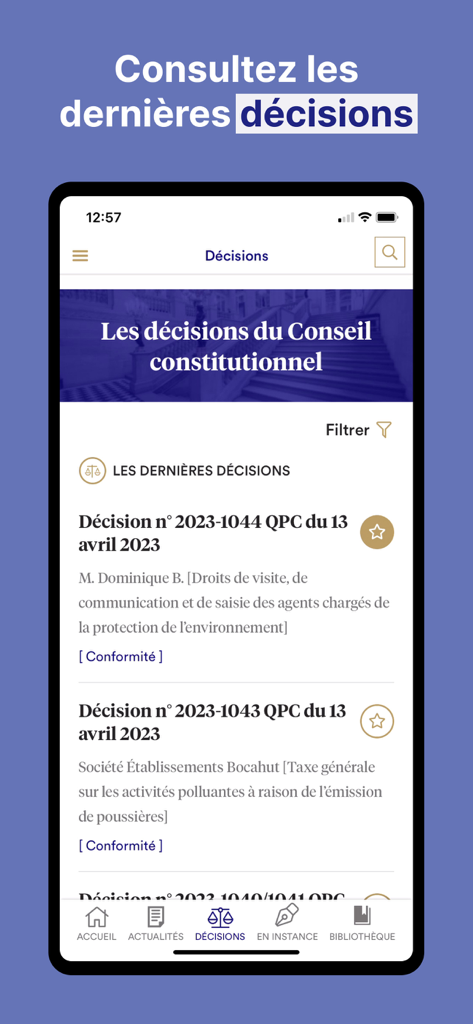 Conseil constitutionnel - Latest legal decisions list on the Conseil constitutionnel mobile application