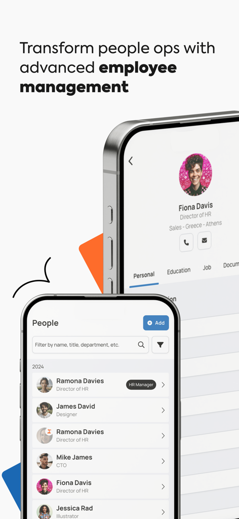 TalentHR - All-in-one HRIS - TalentHR app screens showing an employee directory list and a detailed employee profile.