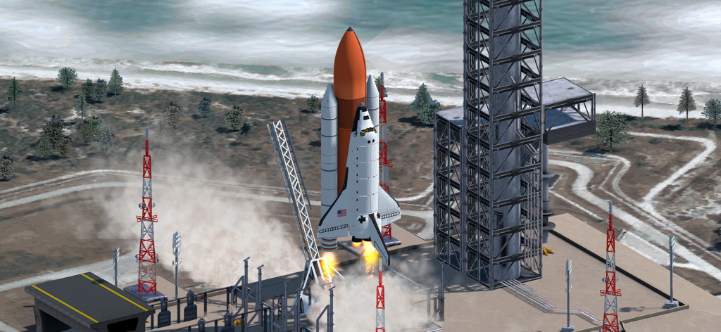 Space Simulator - Un realistico decollo di uno shuttle spaziale da una rampa di lancio su una costa in Space Simulator.
