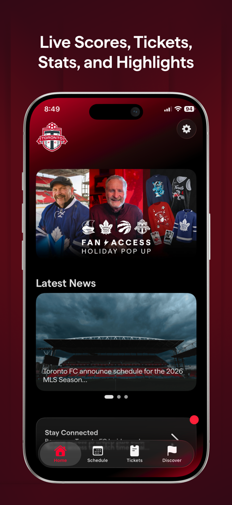 Toronto FC official mobile app home screen featuring live scores news updates and fan access benefits